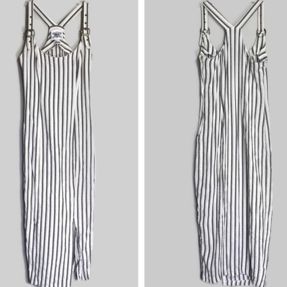 Vintage Dresses & Skirts - Vintage Buckle Strap Linen Overall Striped Dress S